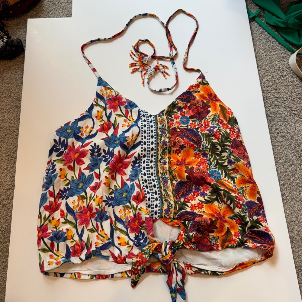 Farm Rio Anthropologie Mixed Floral Tie Front Halter Crop Top XS Beaded Tassel